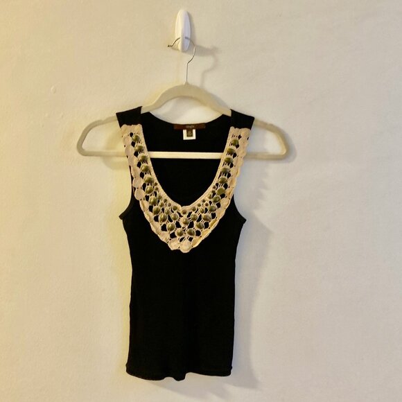 Black Tank Top With Tan Crochet Metal Beaded Bib Boho Size XS - Picture 2 of 10